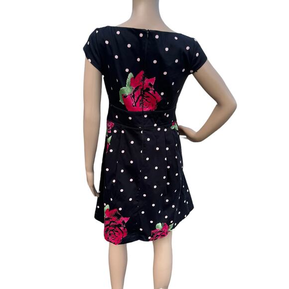 Nanette Lepore Women's Black Red Floral Polka Dots Cap Sleeve Mini Dress Size 6 - Picture 6 of 7